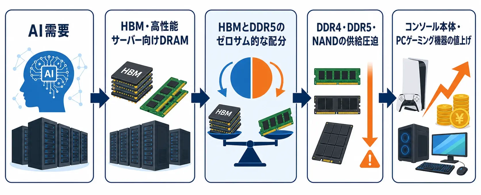 AI需要からコンソール・PCゲーミング機器の値上げまでを示すメモリ生産能力配分の因果連鎖