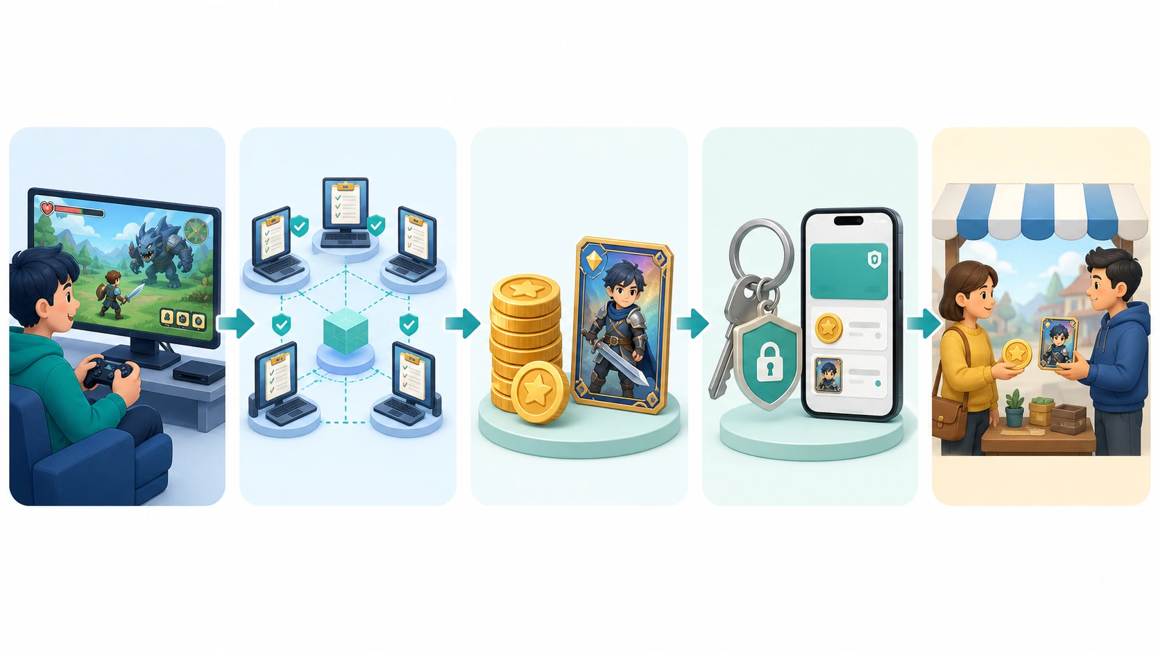 プレイヤーがゲームを遊び、複数のコンピューターで記録を照合し、通貨や個別カードのようなデジタル資産をウォレットで操作し、必要に応じて外部取引へつながるP2Eの基本関係図。