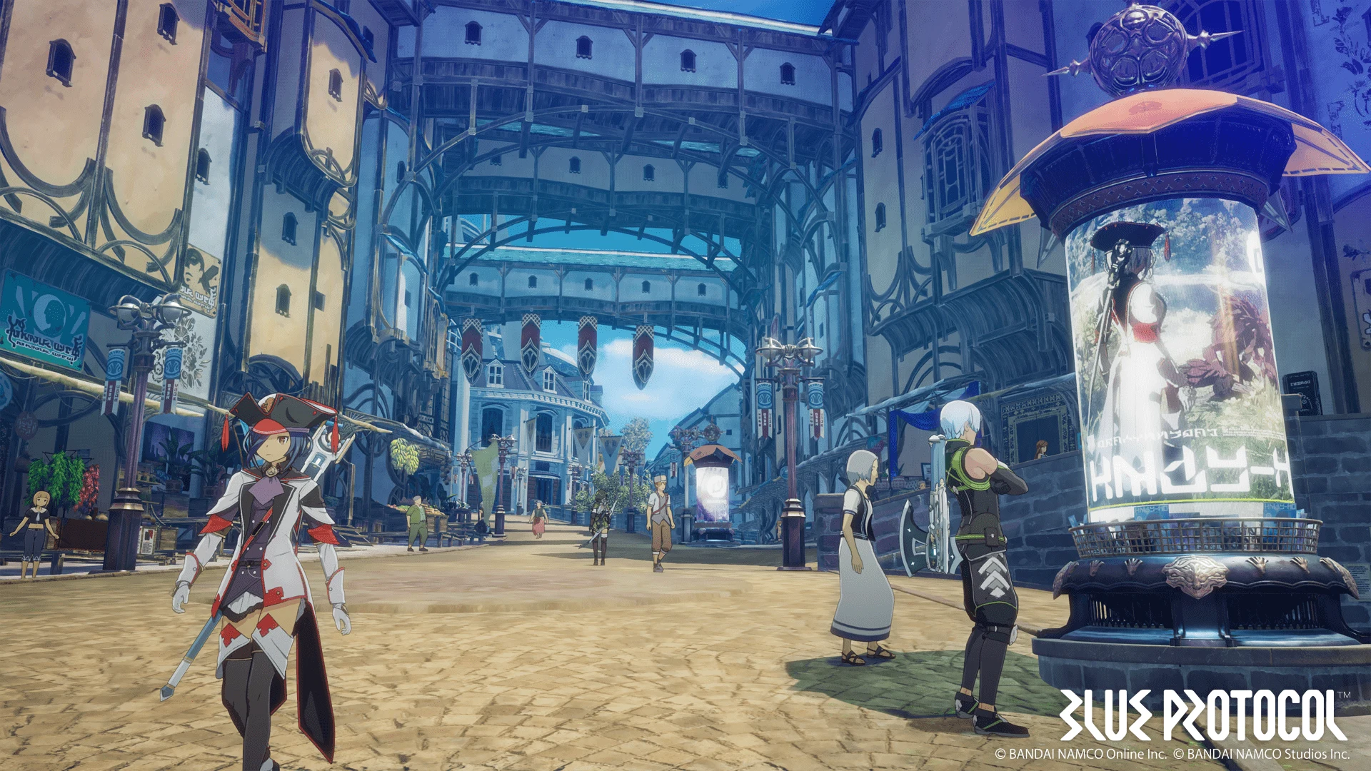 『BLUE PROTOCOL』のアニメ調キャラクターと都市。プレイヤーキャラクターとNPCが街を歩く画面