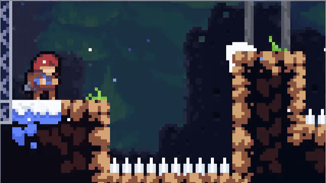 『Celeste』で主人公が足場の端に立ち、次の足場へ跳ぶ場面