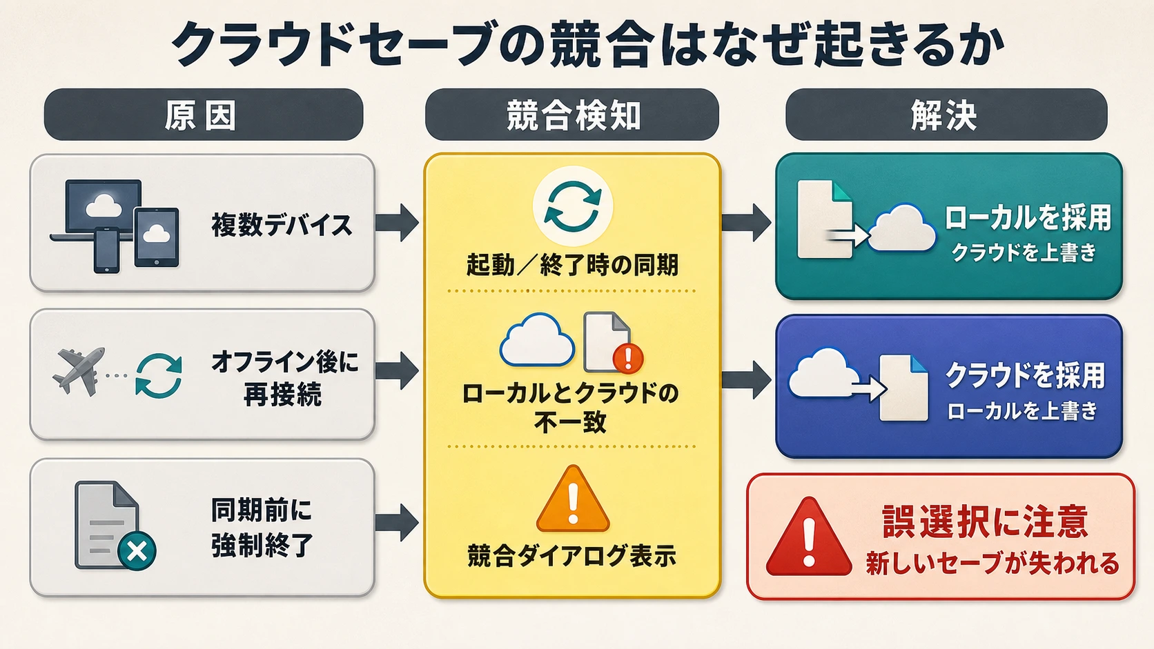 クラウドセーブの競合原因、競合検知、ローカルまたはクラウドを採用する解決選択肢を示した分岐フロー図