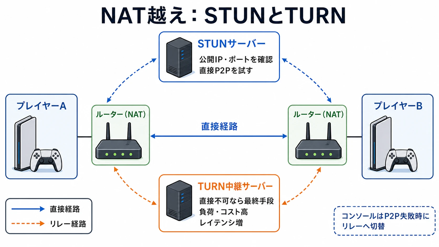 NAT越えでSTUNによる直接接続とTURNによるリレー接続を分岐して示す図