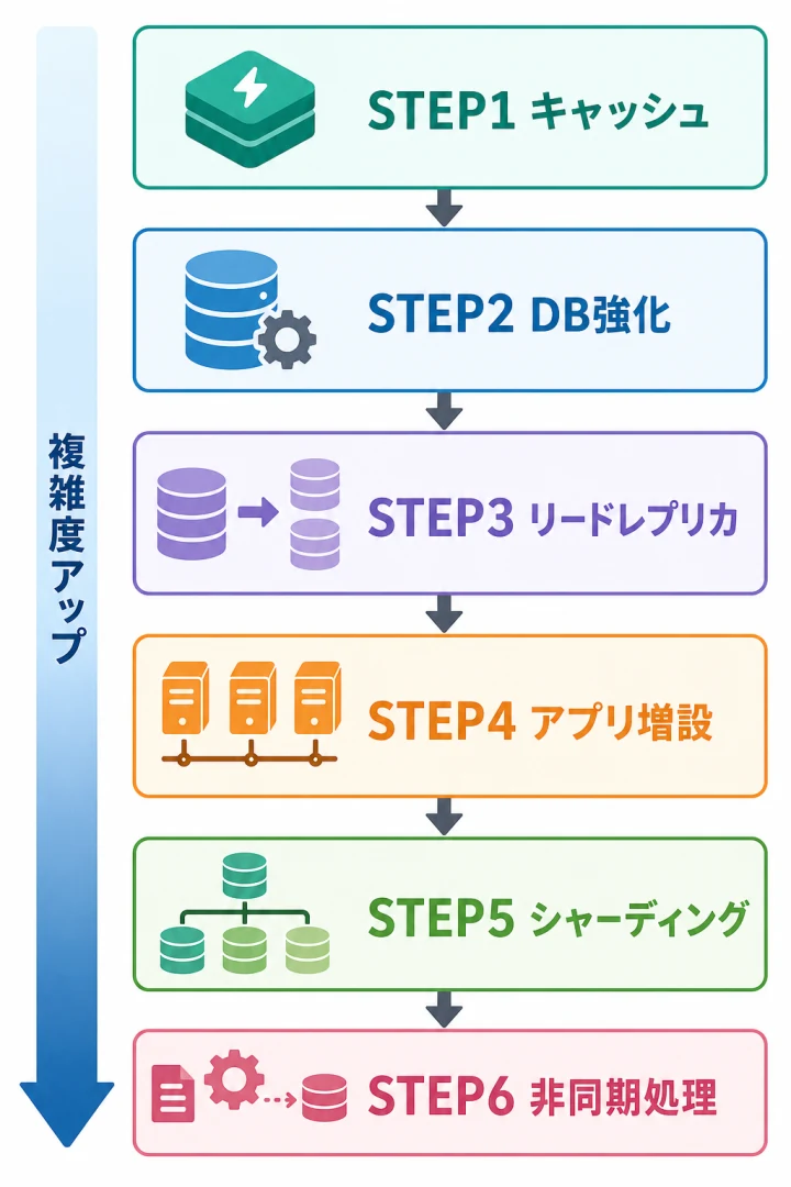 DB負荷対策の6ステップと複雑度の上昇