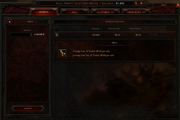 Diablo IIIのリアルマネーオークションハウスで金貨を検索する画面