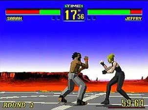 『バーチャファイター』で2人のキャラクターがリング上で向き合うゲーム画面