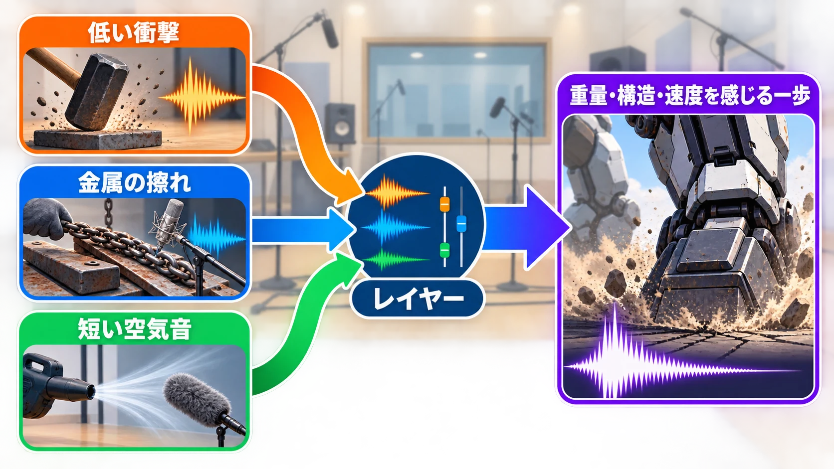 低い衝撃、金属の擦れ、短い空気音を重ねて大型ロボットの一歩を作るフォーリーの発想図