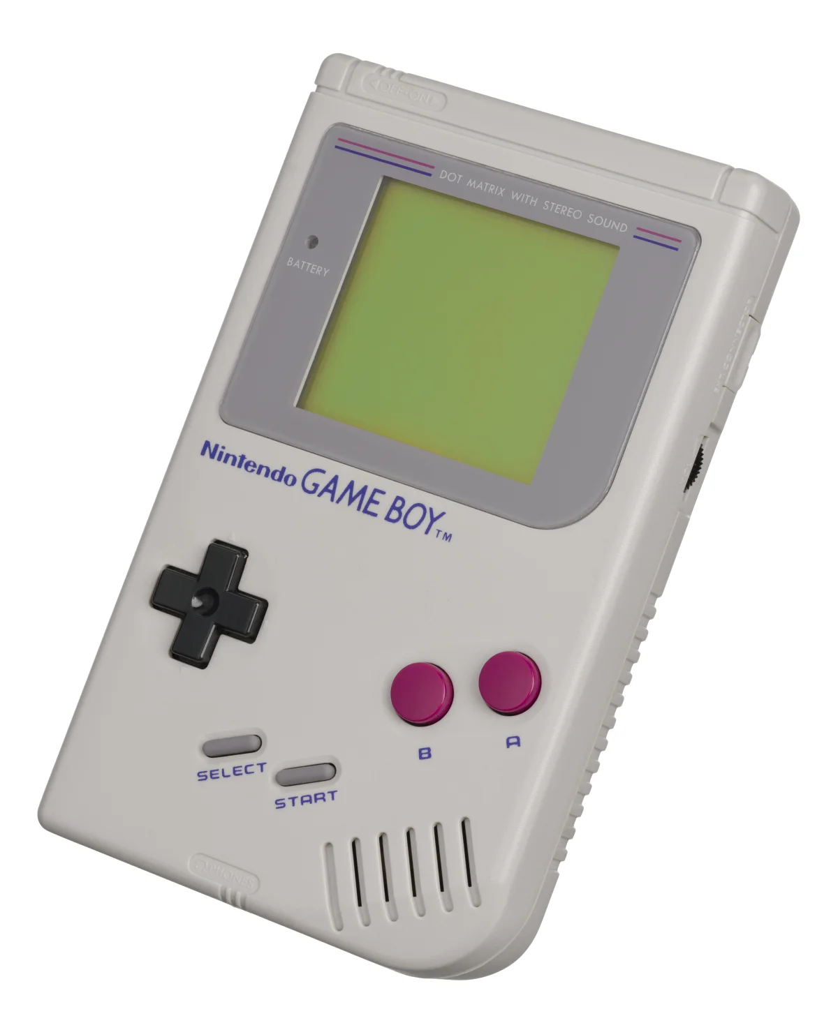 白黒液晶と十字キー、各ボタンを備えた初代ゲームボーイ