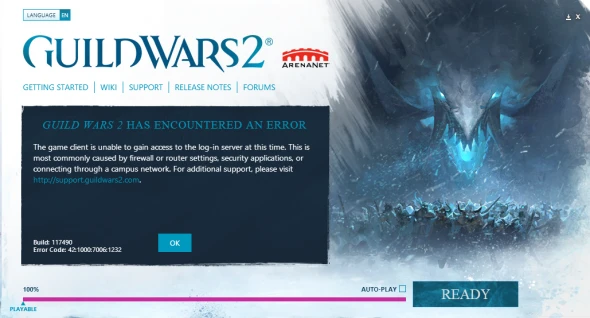 Guild Wars 2の障害時に表示されたエラー画面