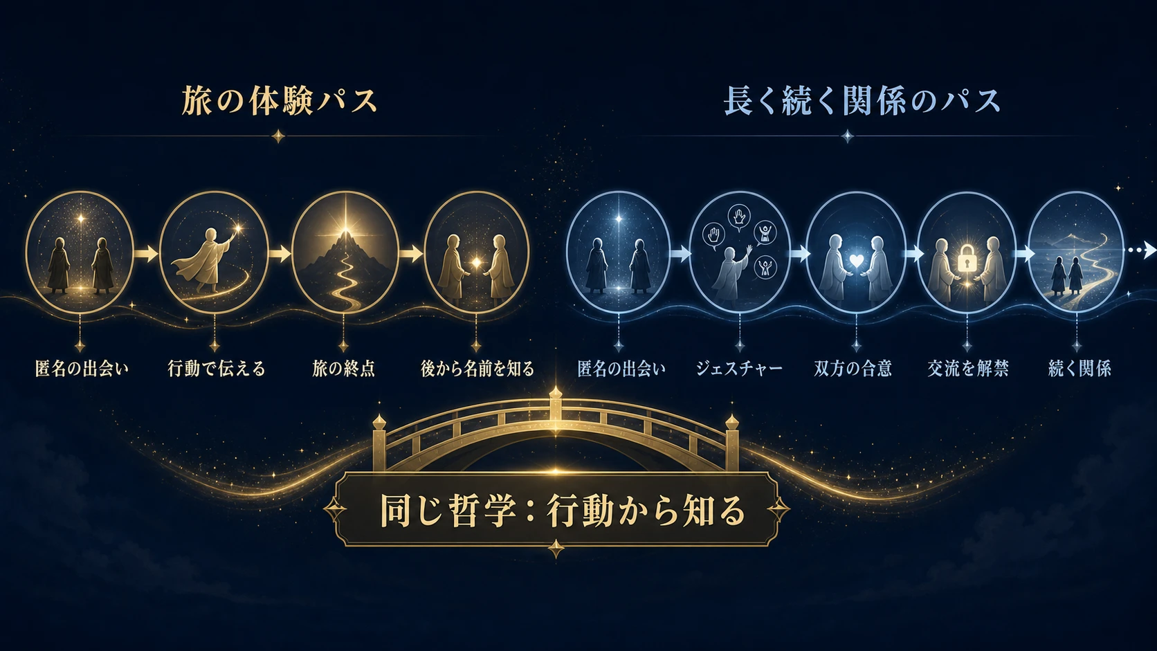 『風ノ旅ビト』の一回の旅と『Sky 星を紡ぐ子どもたち』の継続する関係を、非言語コミュニケーションの流れとして比較する図