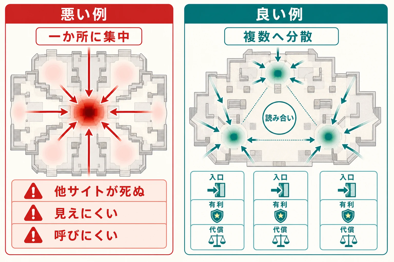 戦闘が一か所へ集中して他の場所が使われないマップと、複数の要所へ分散して読み合いが生まれるマップの比較