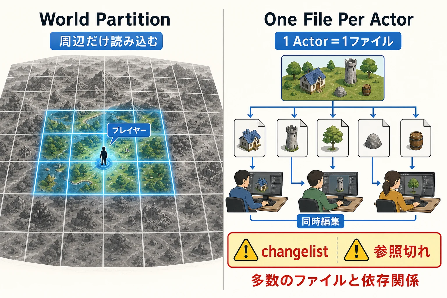 プレイヤー周辺だけを読み込む世界分割機能と、配置物ごとのファイル分割による共同編集を示した概念図