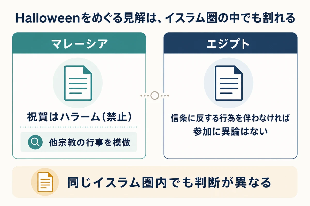マレーシアとエジプトのHalloweenに関するイスラム法学上の見解を同格に並べた比較図