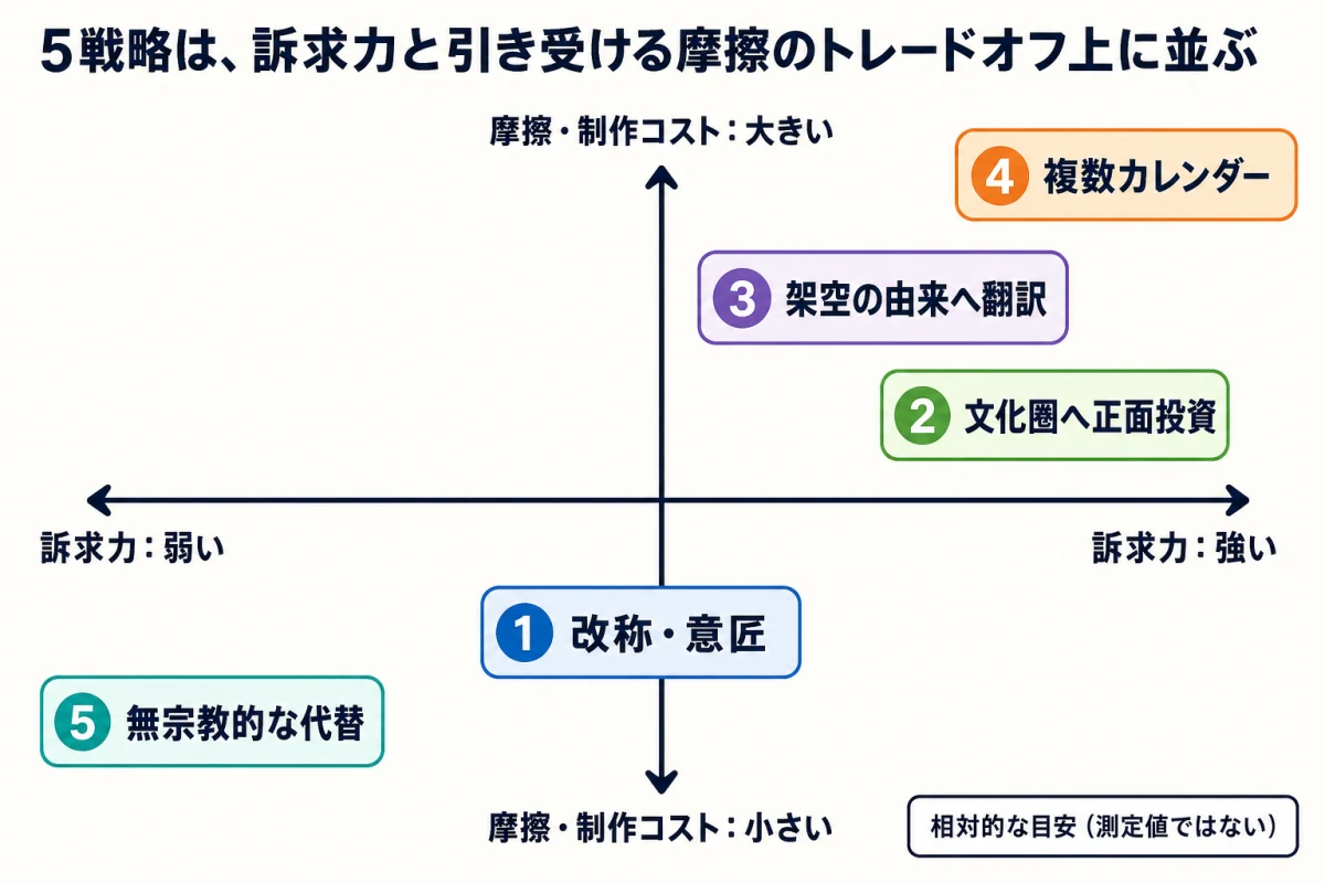 5つの季節イベント戦略を現実世界からの訴求力と摩擦・制作コストの二軸に配置した相対概念図