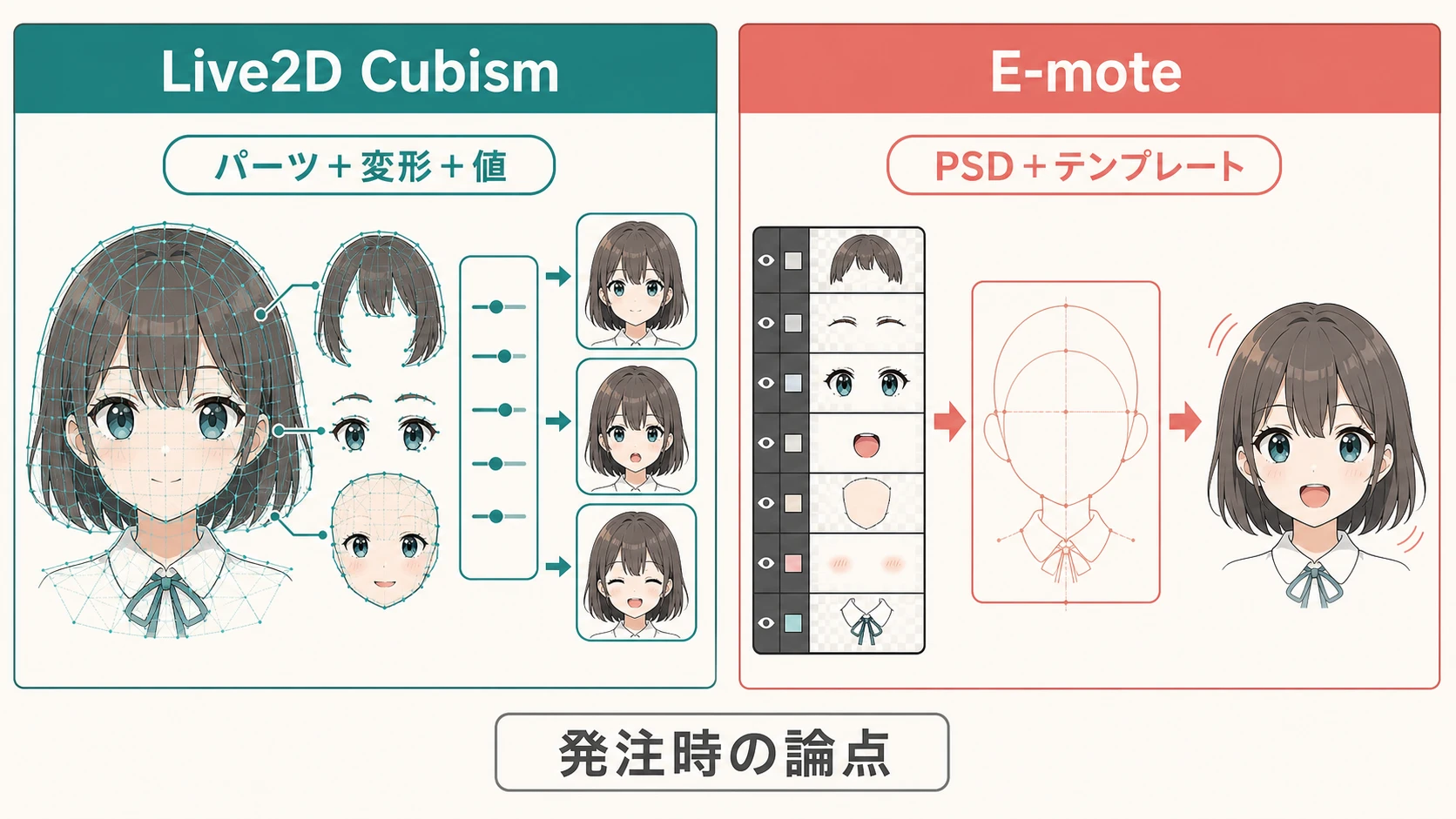 Live2D Cubismのパーツ・変形・値の設計と、E-moteのPSD・テンプレートを用いるセットアップを対比した図