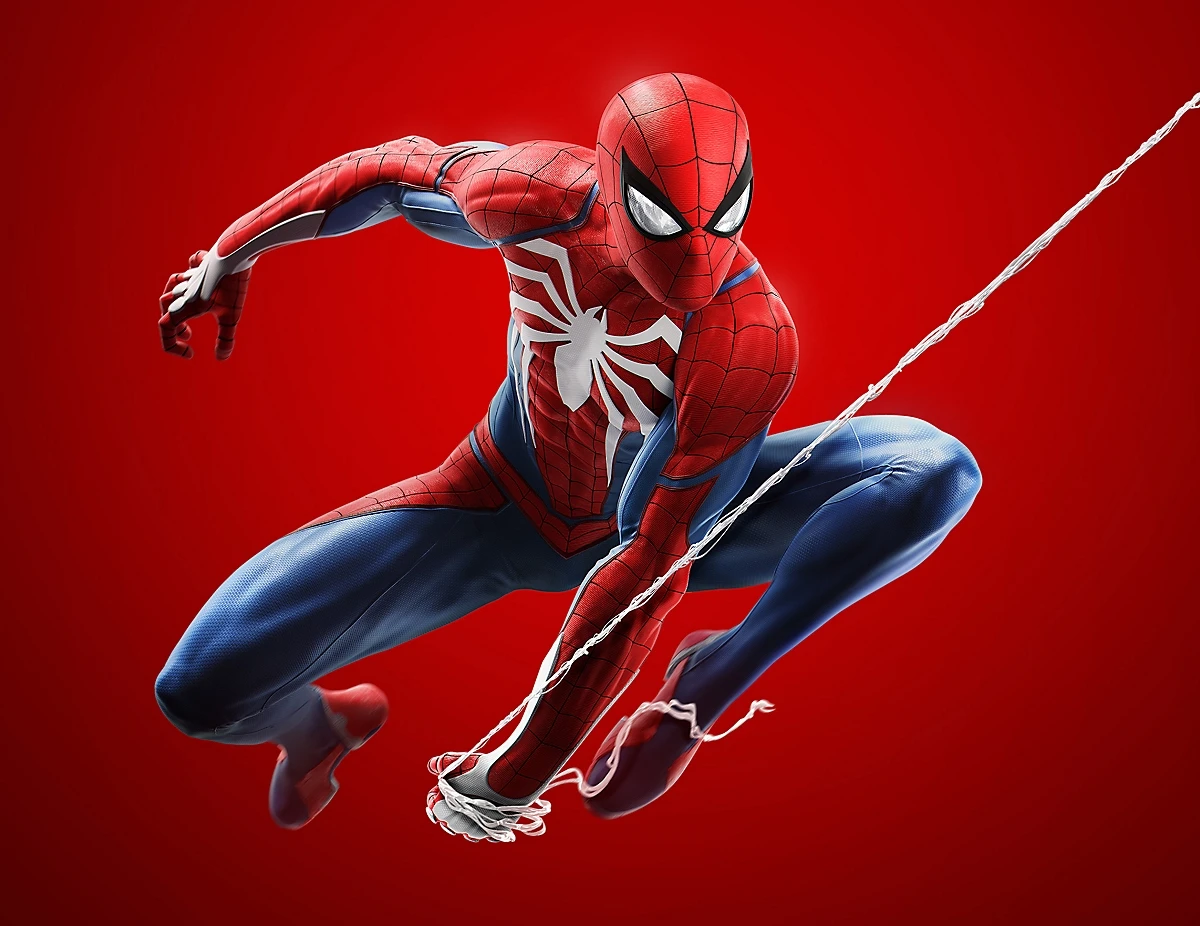 赤い背景でウェブを放つ『Marvel's Spider-Man』のスパイダーマン