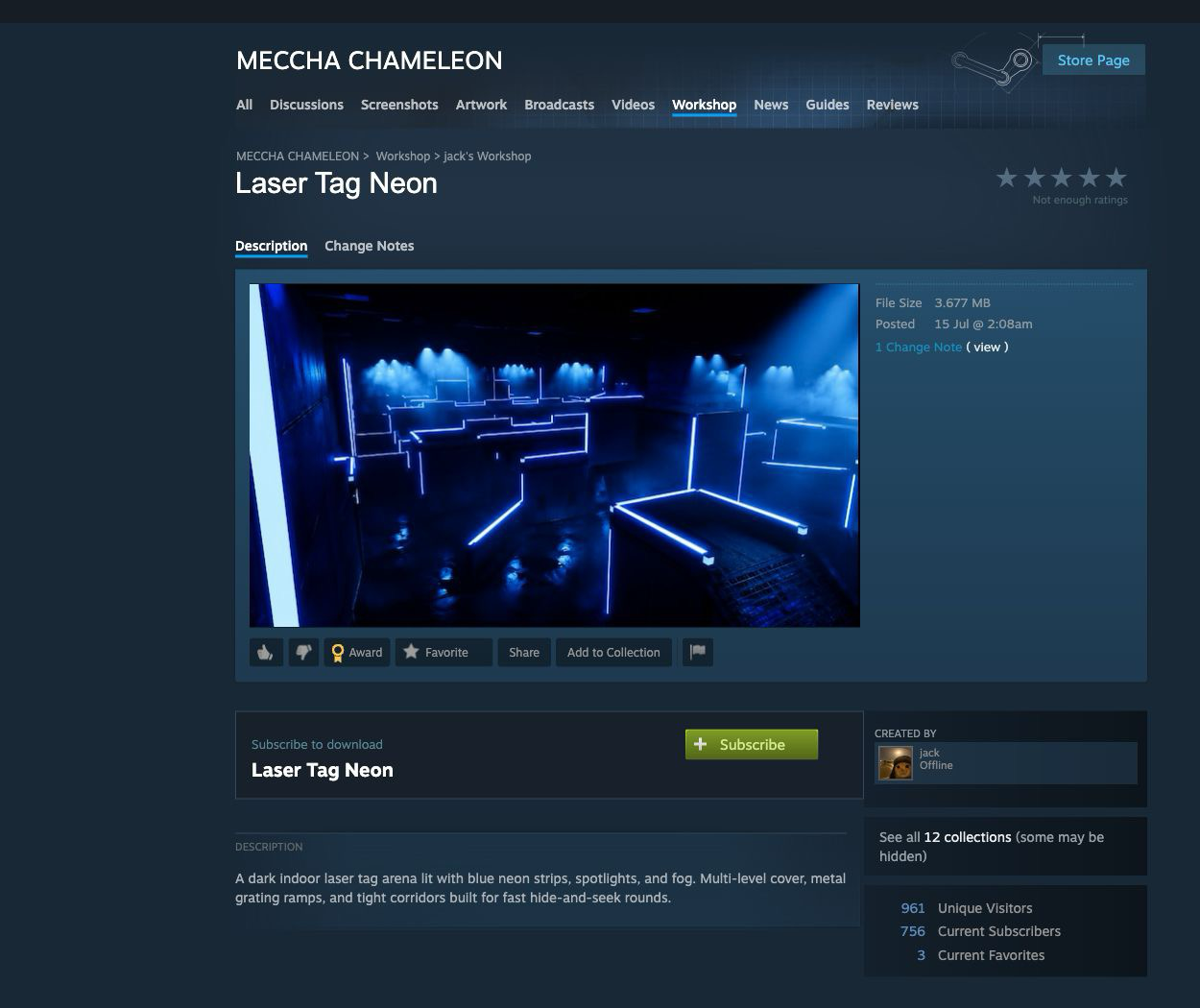 Steam Workshop「Laser Tag Neon」の公開ページ。青いネオンのレーザータグ会場として表示されている
