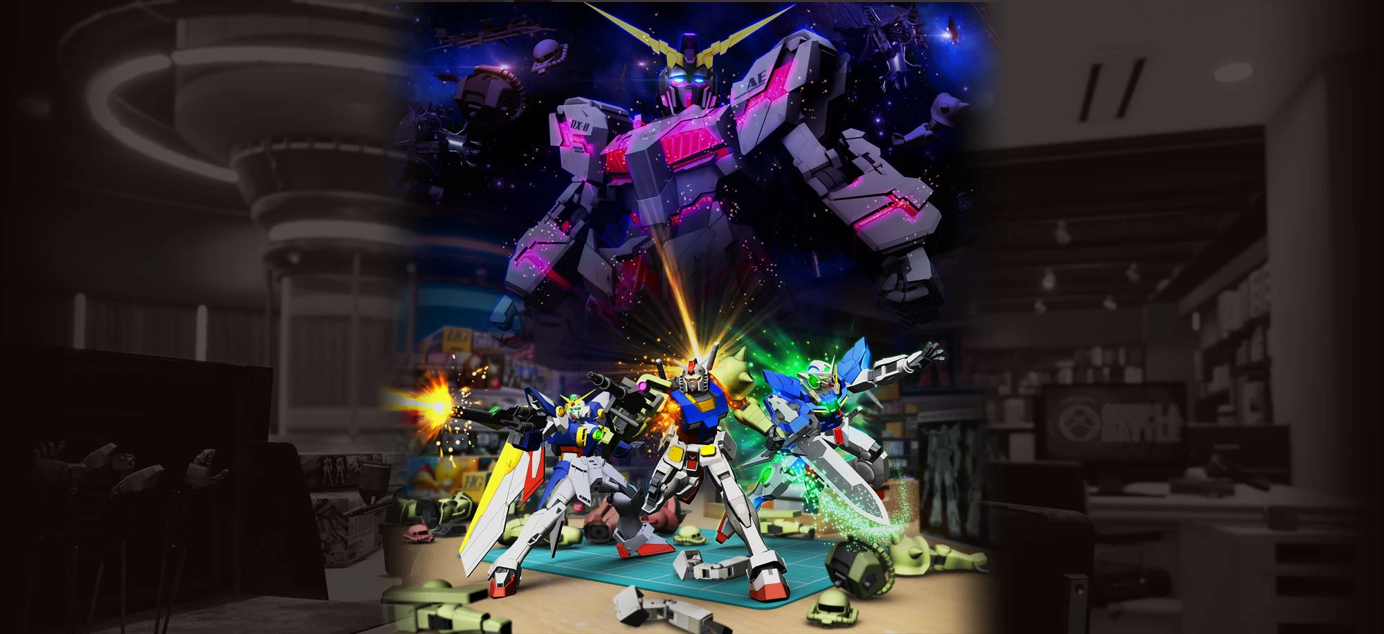 『New ガンダムブレイカー』公式サイトのメインビジュアル。組み替えたガンプラが机上で戦う様子を描く