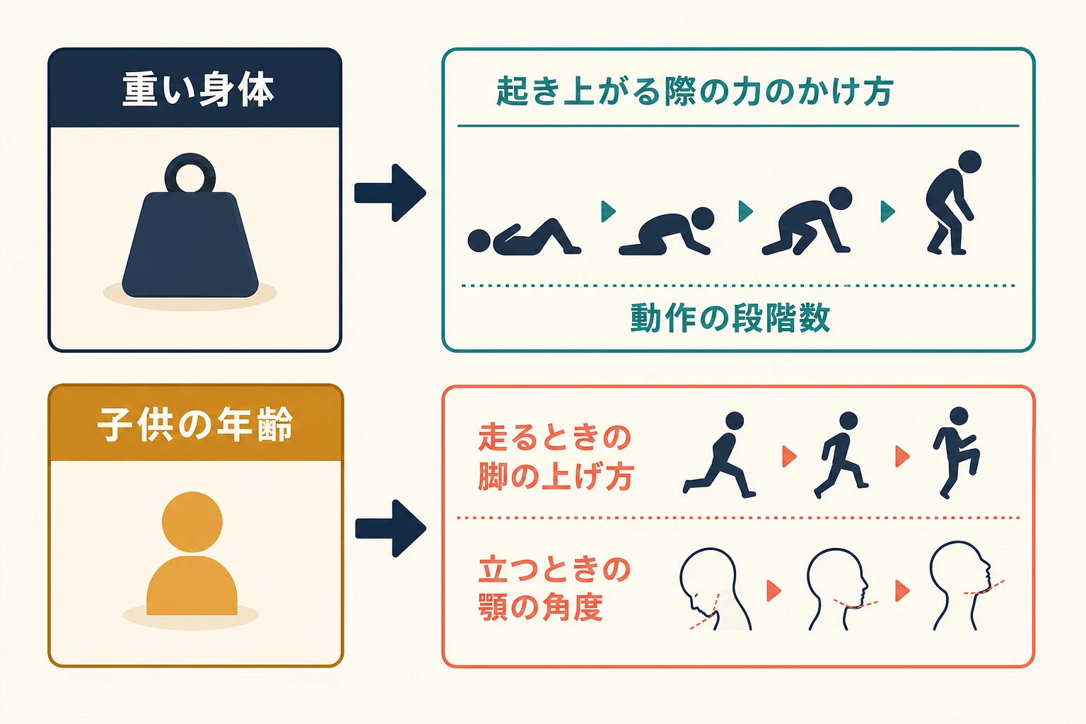 重い身体と子供の年齢を、起き上がり方や脚・顎の動きへ変換する対応図