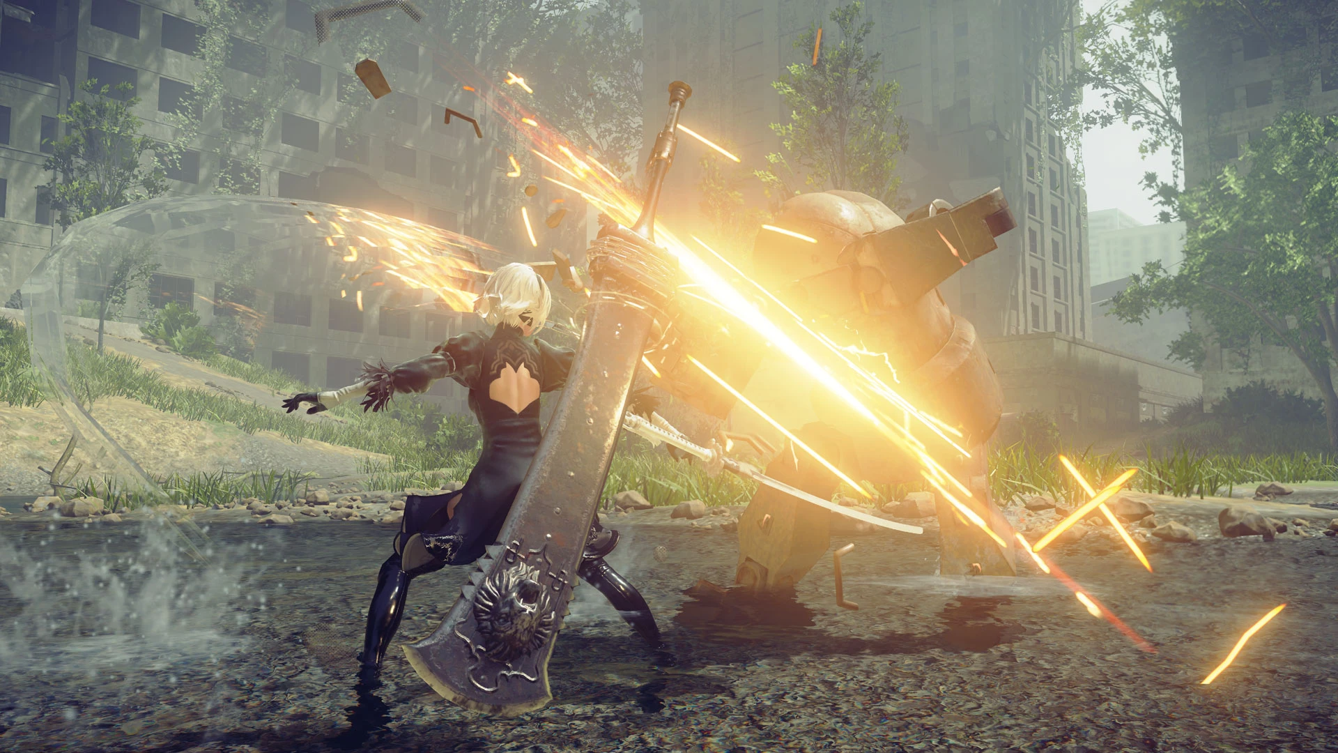 『NieR:Automata』で2Bが大型機械生命体と戦うスクリーンショット