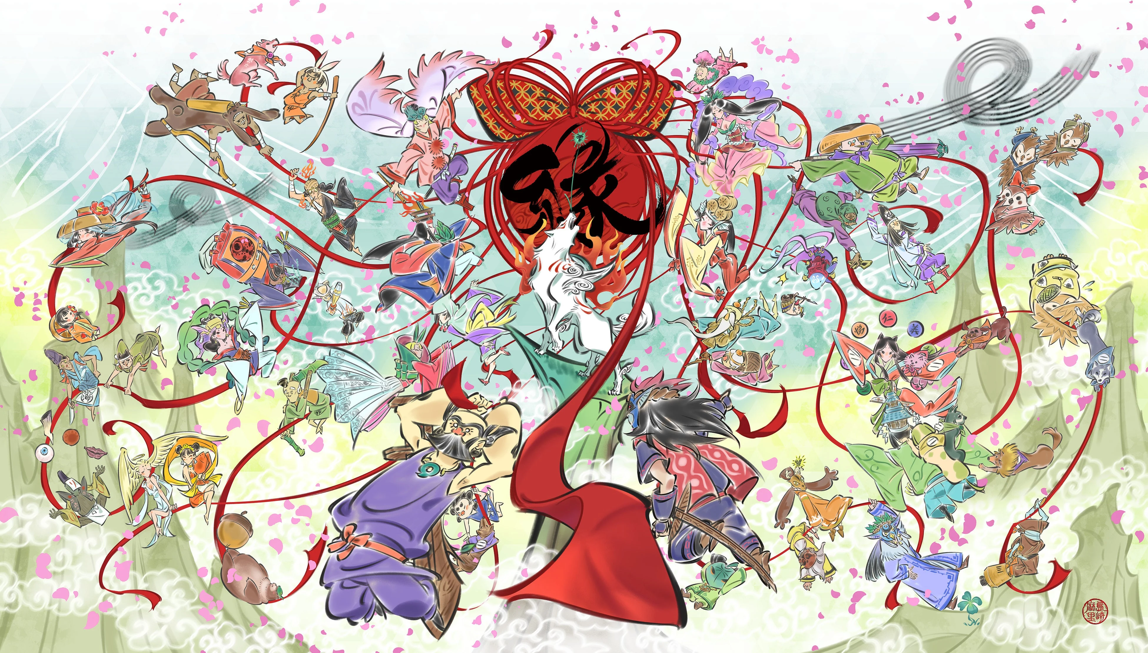 『大神』20周年記念アート。アマテラスを中心にシリーズのキャラクターが赤いリボンで結ばれている。