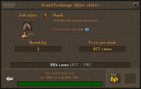 Old School RuneScapeのGrand Exchange売却画面に表示された手数料