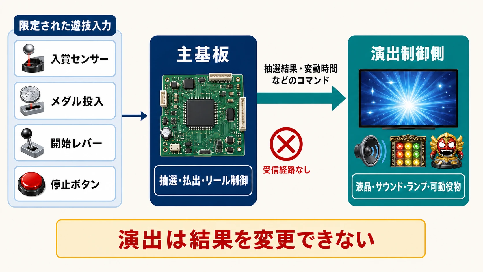 限定された遊技入力だけが主基板へ入り、抽選結果などのコマンドは演出制御側へ一方向に送られ、戻りの受信経路がない構造
