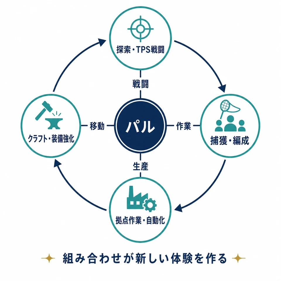 『パルワールド』における探索、捕獲、拠点作業、クラフトが循環するコアループ