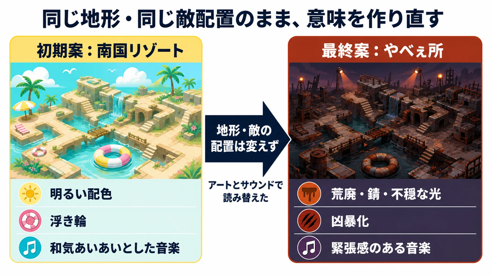 同じ地形と敵配置を、南国リゾートから危険な場所へアートとサウンドで読み替える図