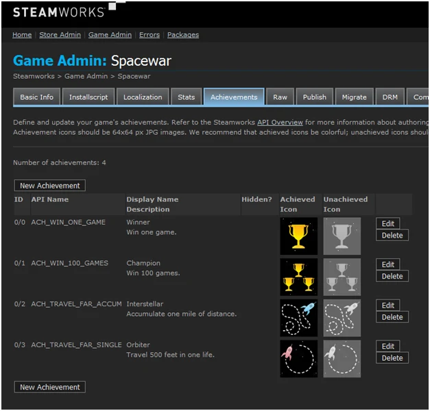 SteamworksのSpaceWar実績一覧画面