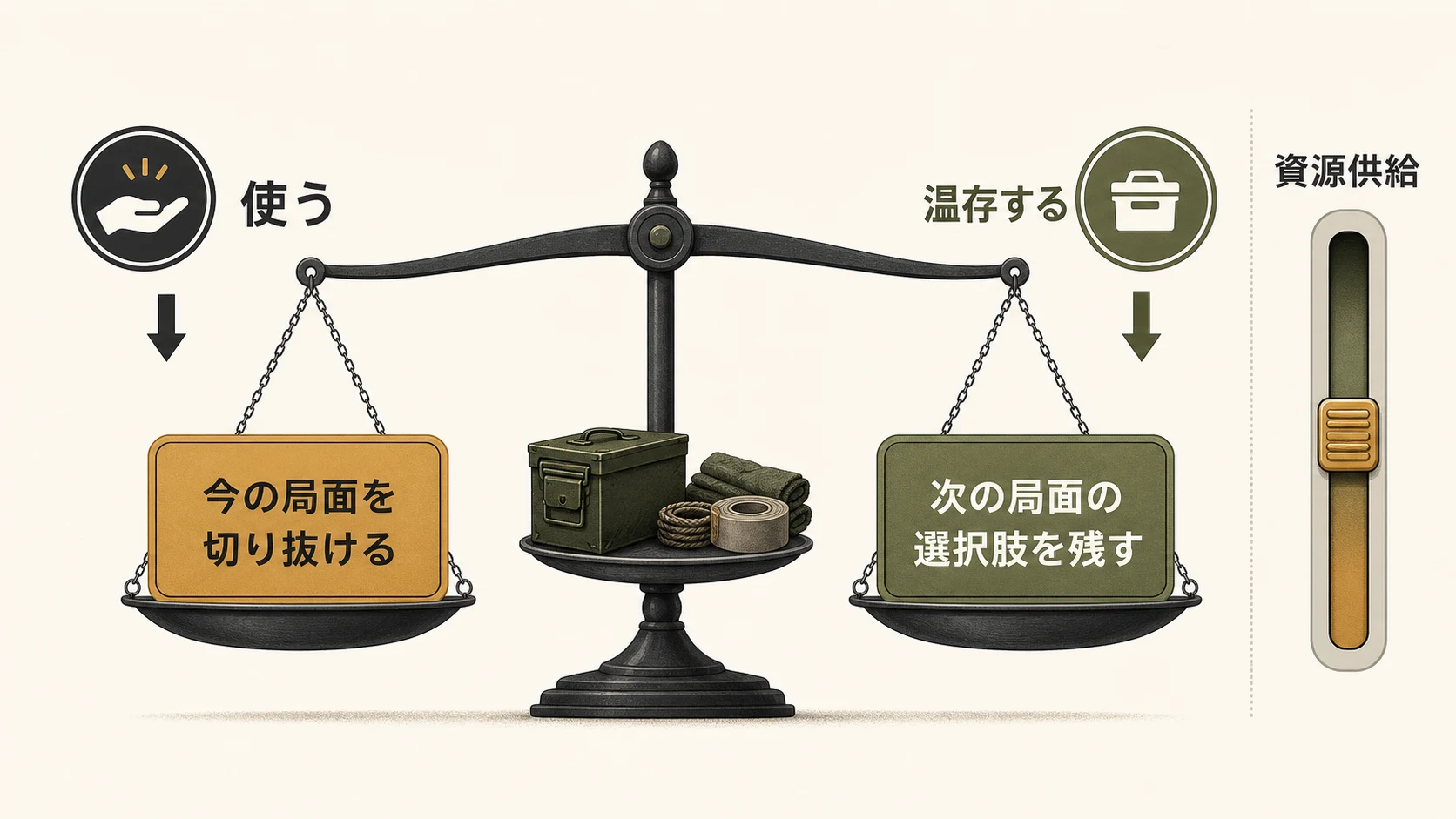 弾薬・素材を今使うことと次の局面へ選択肢を残すことのトレードオフを示す天秤。資源供給の調整が両者の緊張関係を変える。