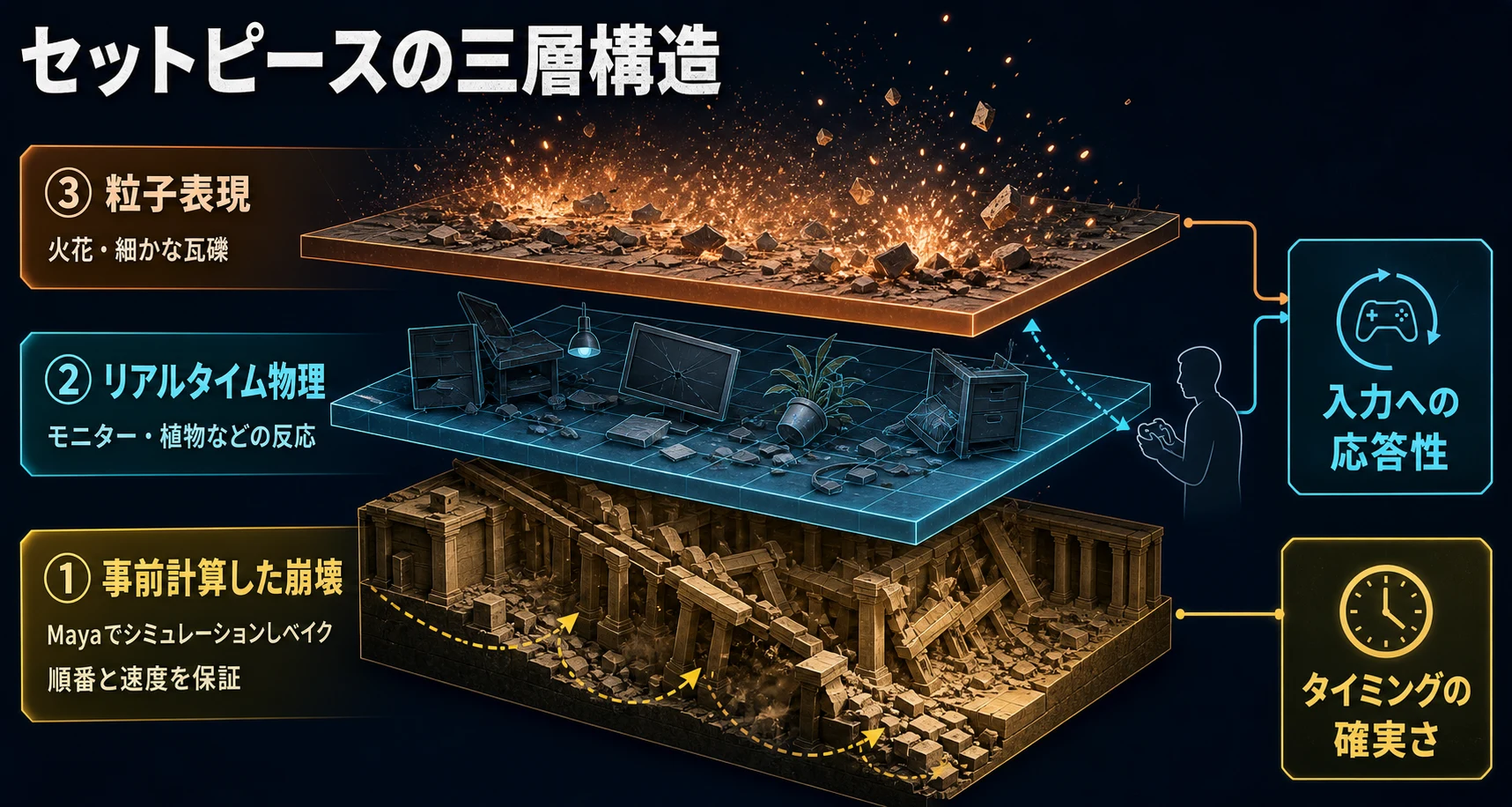 事前計算した崩壊、リアルタイム物理、粒子表現を重ね、タイミングの確実さと入力への応答性を両立するセットピースの三層構造