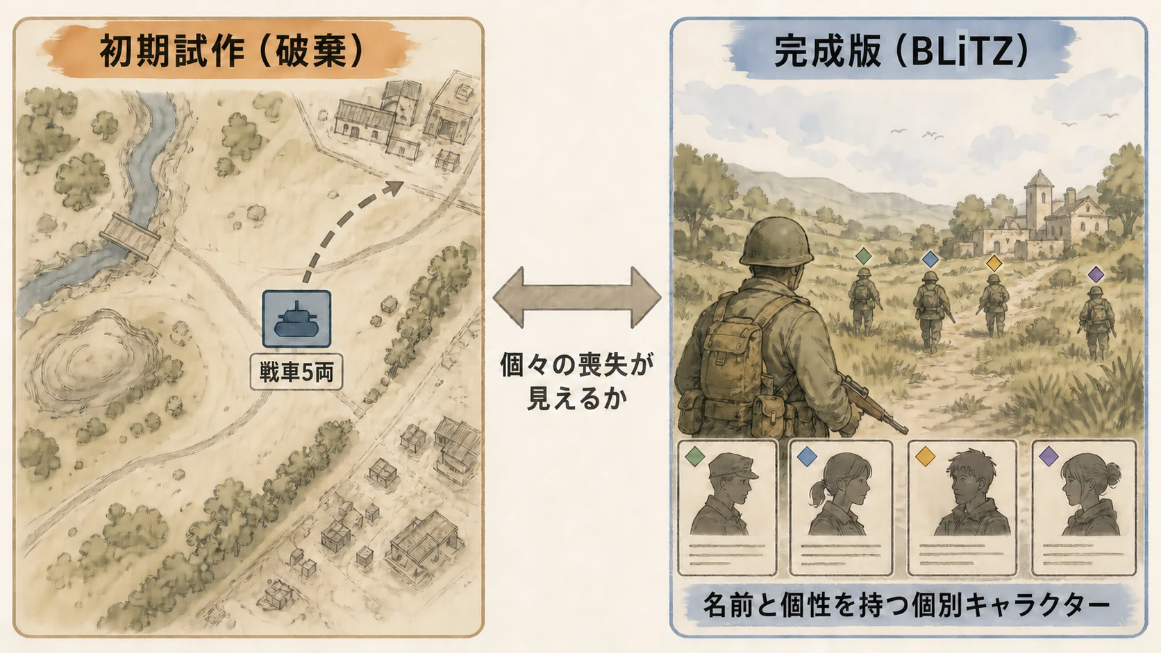 見下ろし型の初期試作と一人の兵士へ近づく完成版BLiTZを、個々の喪失が見えるかという軸で比較した模式図