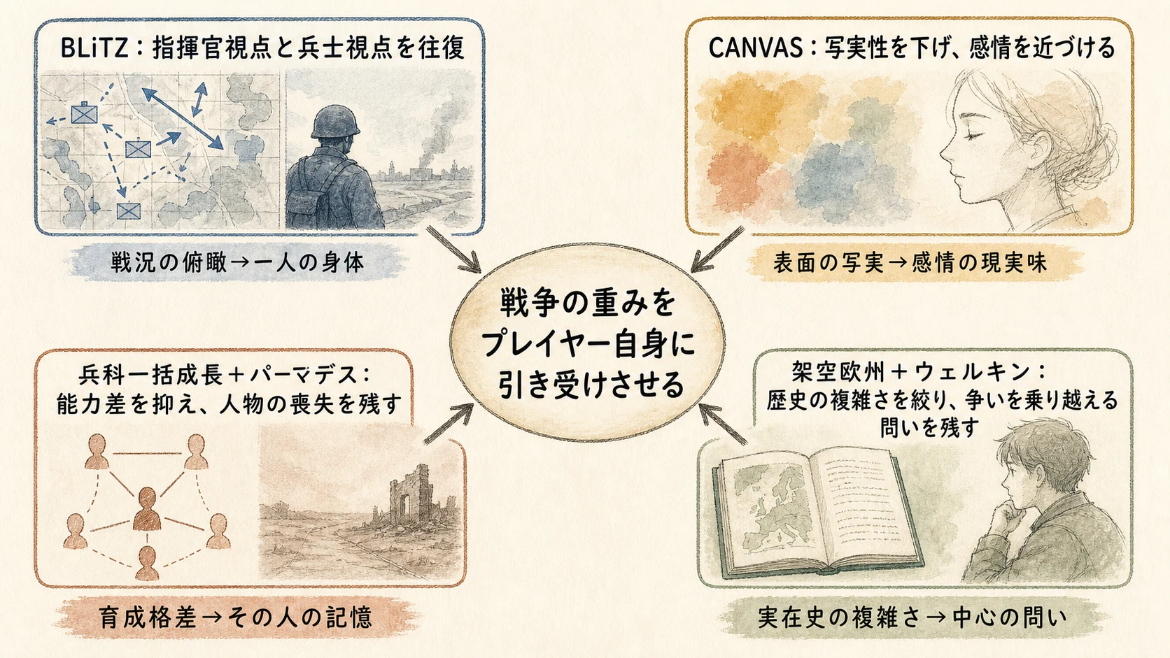 BLiTZ、CANVAS、兵科一括成長とパーマデス、架空欧州とウェルキンの四要素が、戦争の重みをプレイヤー自身に引き受けさせる設計目標へ収束する概念図