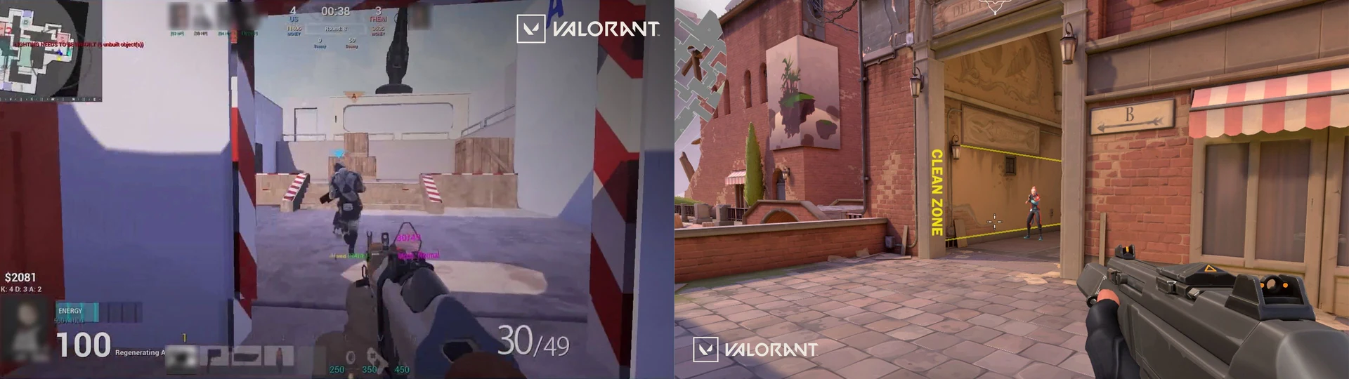 『VALORANT』のマップ「Ascent」における初期の白箱と完成版の比較