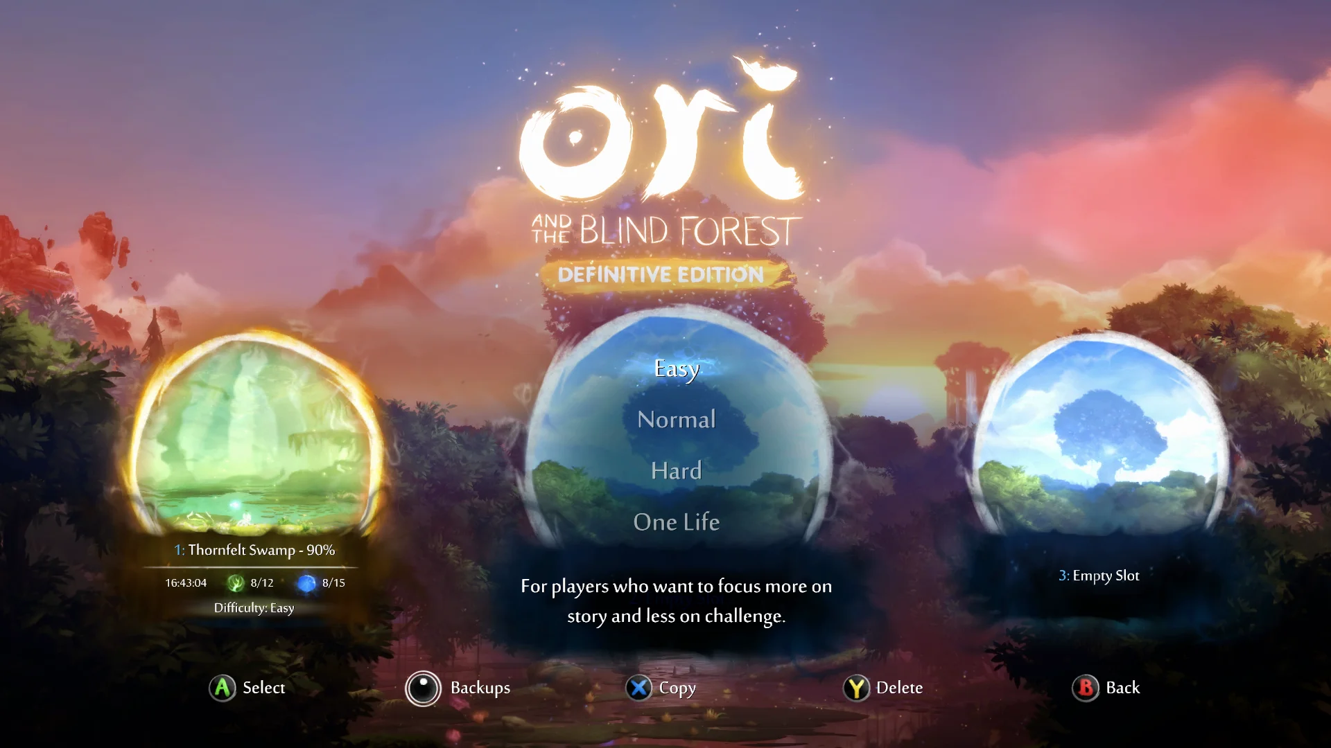 『Ori and the Blind Forest: Definitive Edition』の難易度選択メニュー例